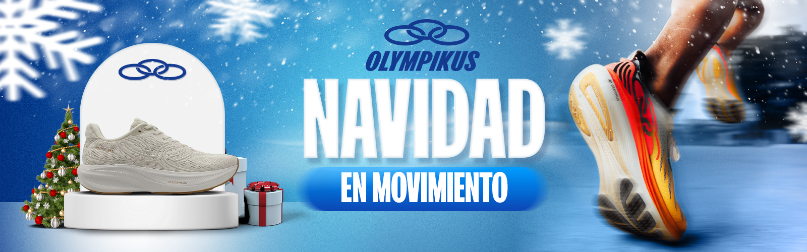 Zapatillas deportivas Olympikus con temática navideña, fondo azul con copos de nieve y un árbol de Navidad con regalos.